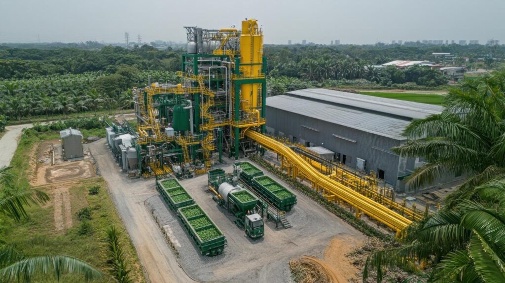 Aerial view of a palm oil processing plant with trucks and industrial equipment.