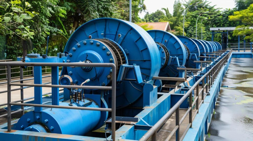 Blue industrial water treatment equipment is installed along an outdoor facility walkway.