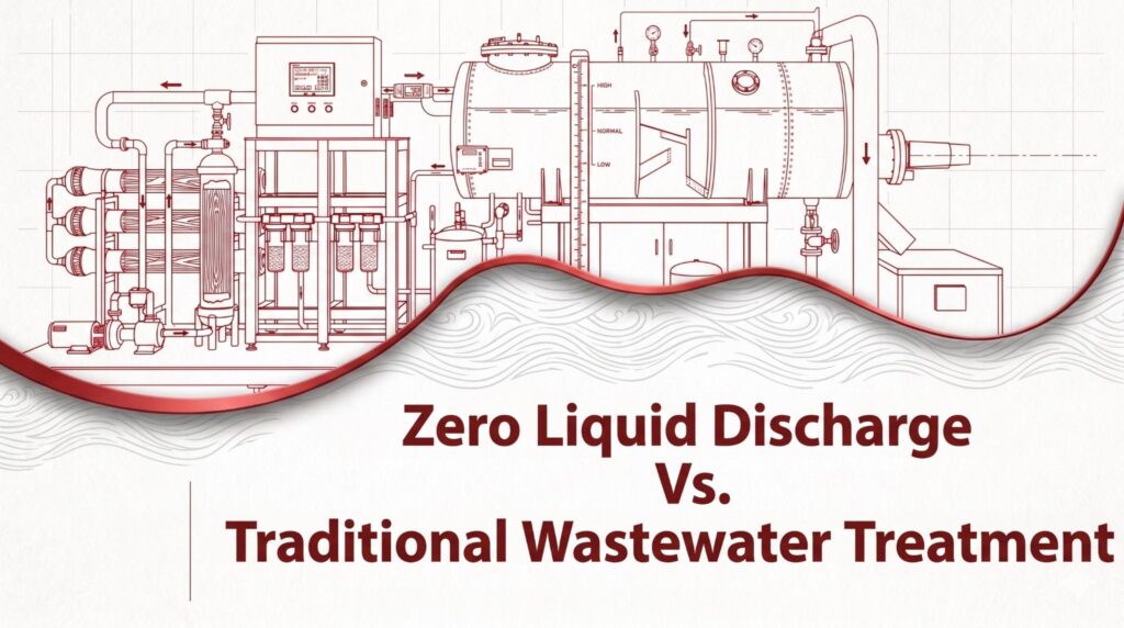 Technical illustration comparing zero liquid discharge and traditional wastewater treatment.