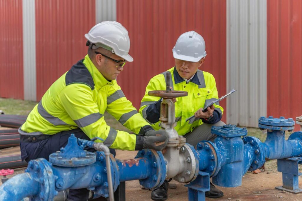 Two technicians are inspecting a valve on a blue industrial pipeline.