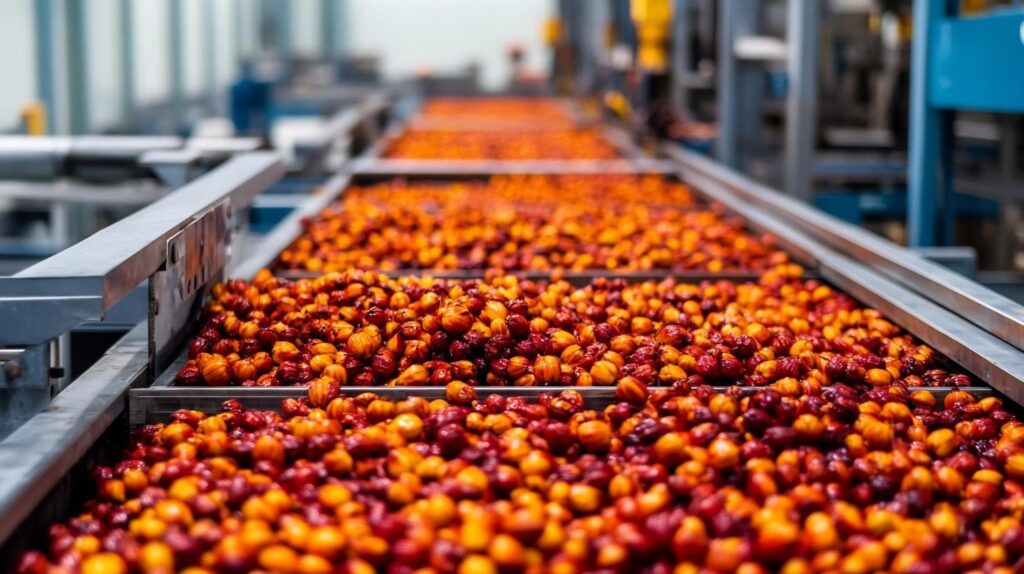 Palm oil fruits are spread across a conveyor inside a processing plant.