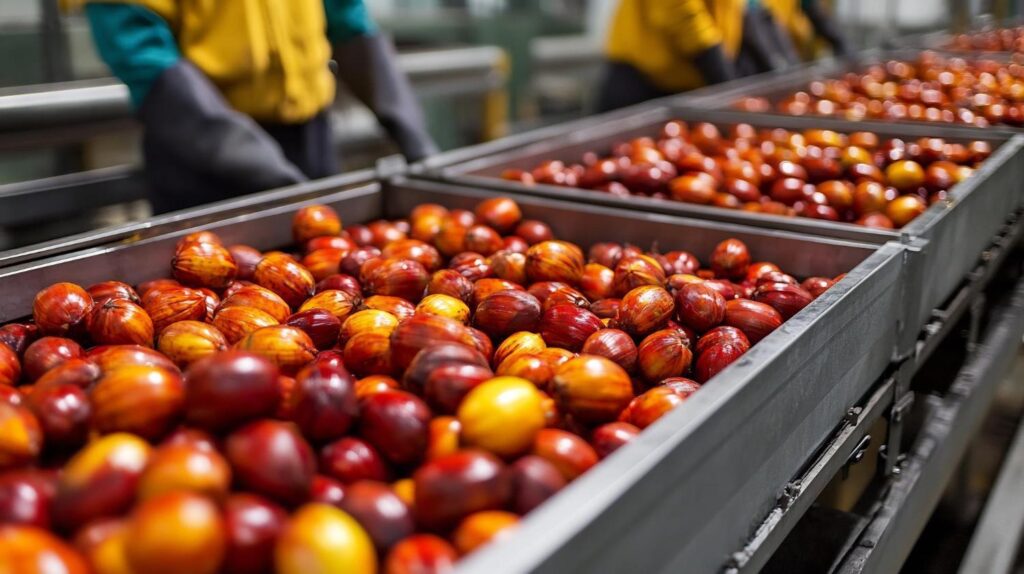 Fresh palm oil fruits are moving along a factory conveyor belt.