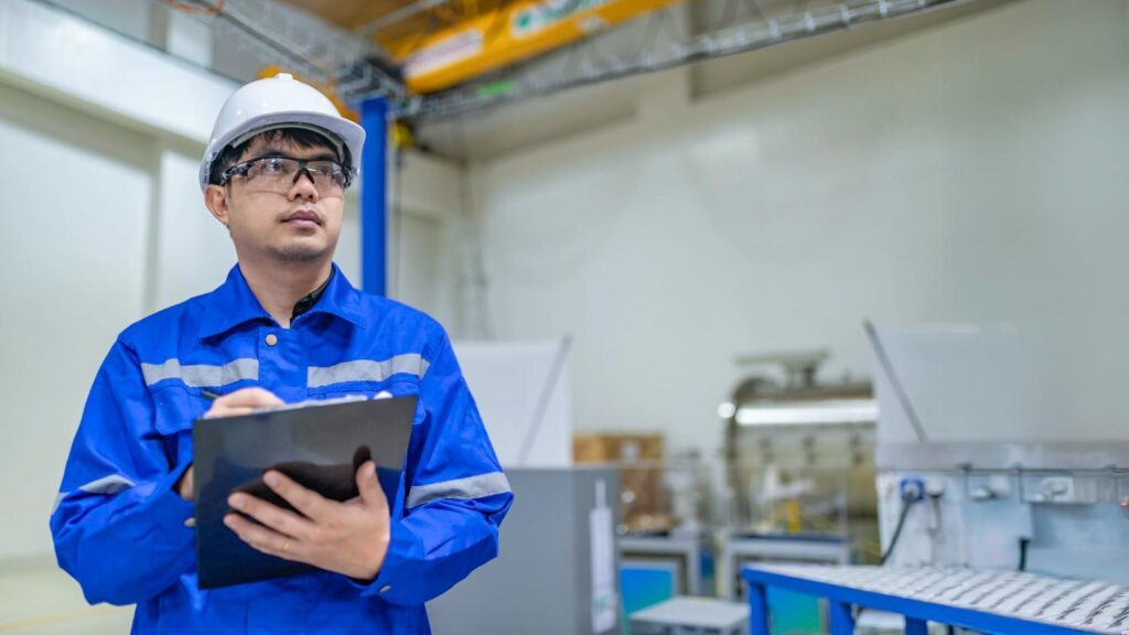 Maintenance technician in a blue uniform and hard hat checking machinery with a clipboard in an industrial workshop.