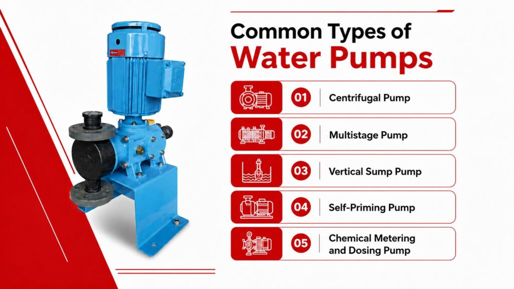 Infographic listing five common types of water pumps: centrifugal, multistage, vertical sump, self-priming and chemical metering pumps.