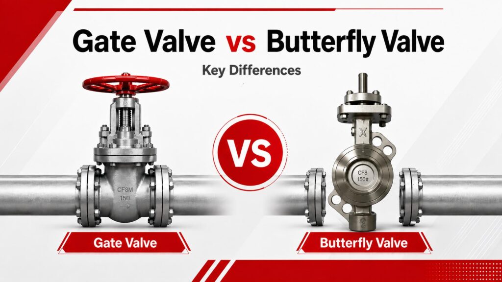 Comparison graphic of a flanged gate valve and a wafer butterfly valve showing the key differences between the two valve types.