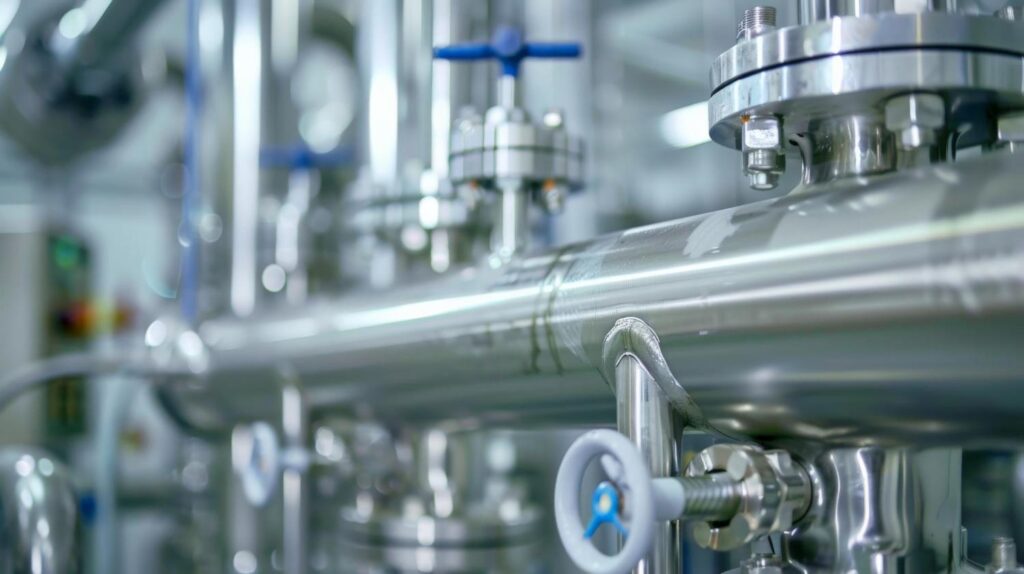 Stainless steel pipework, valves and fittings inside an industrial water treatment system.